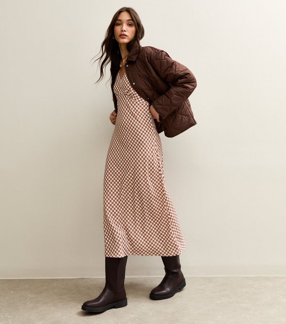 Brown Gingham Print Bow Back Midi Dress
