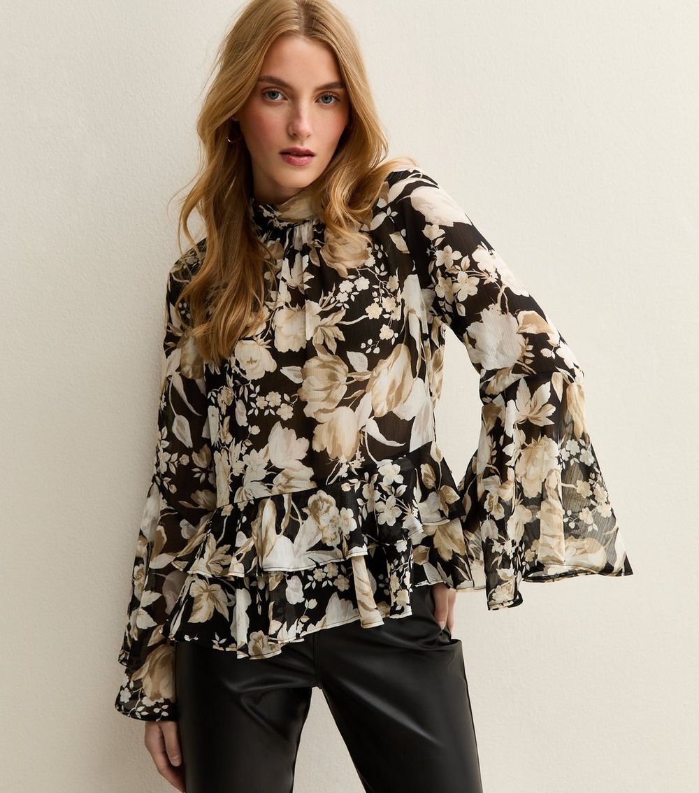 Black Floral Print Chiffon High Neck Blouse