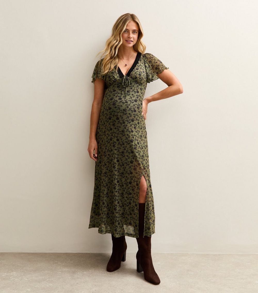 Maternity Khaki Floral Mesh Lace Midi