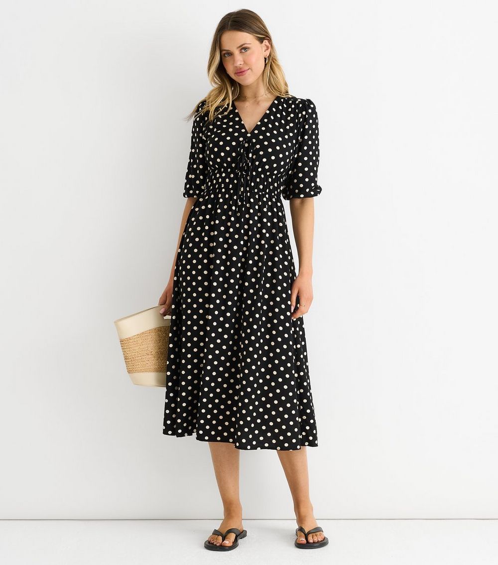 Gini London Black Polka Dot Tie Neck Midi Dress