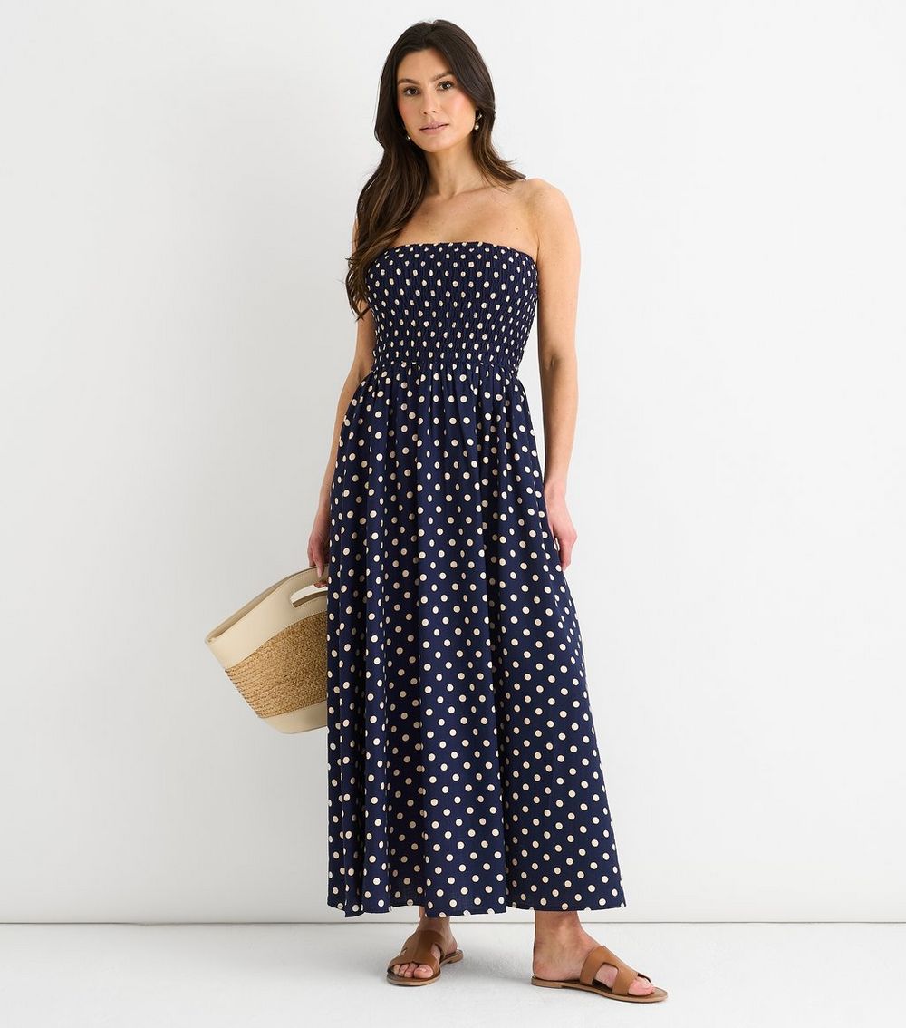 Gini London Navy Polka Dot Shirred Bandeau Midi Dress