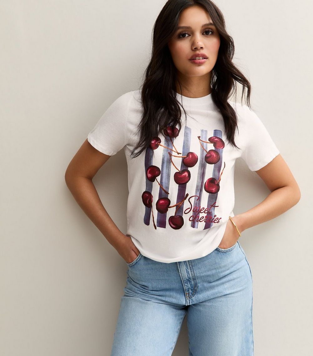 White Striped Cherry Print T