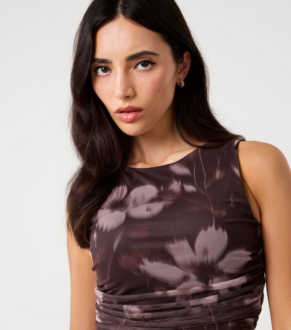 Pink Vanilla Brown Floral Print Ruched Mesh Crop Top