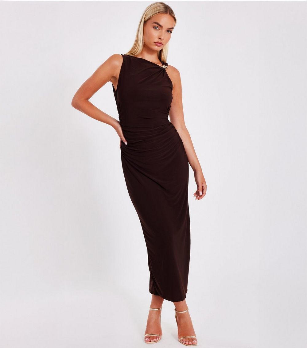 QUIZ Brown Ruched Midaxi Dress