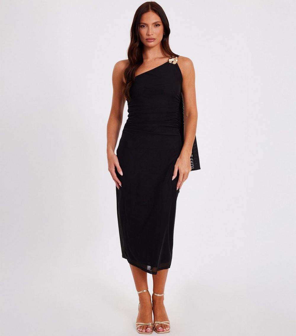 QUIZ Black Metal Trim Mesh Midi Dress