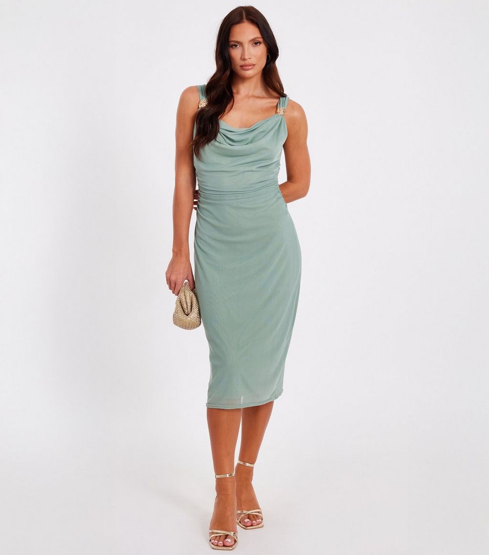 QUIZ Teal Metal Trim Mesh Midi Dress