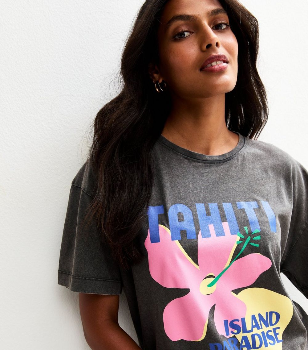 Dark Grey Tahiti Floral Print Oversized T