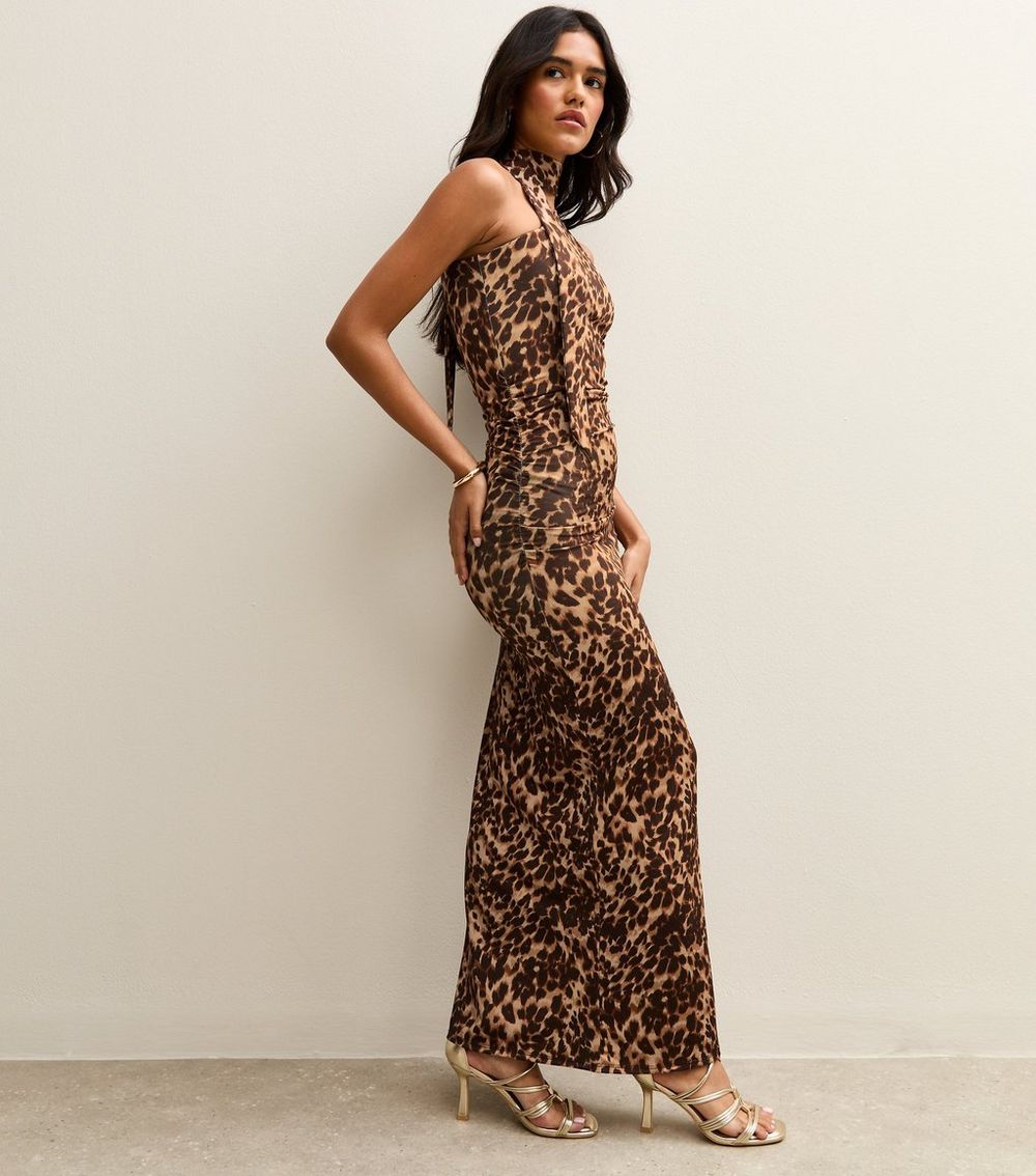Brown Animal Print Bow Neck Maxi Dress