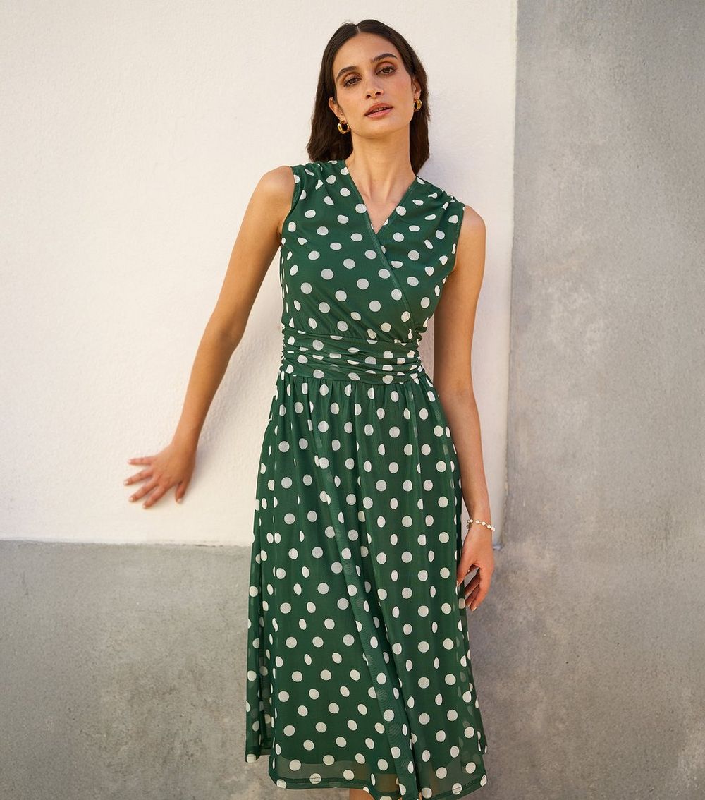 Yumi Green Polka Dot Mesh Midi Dress