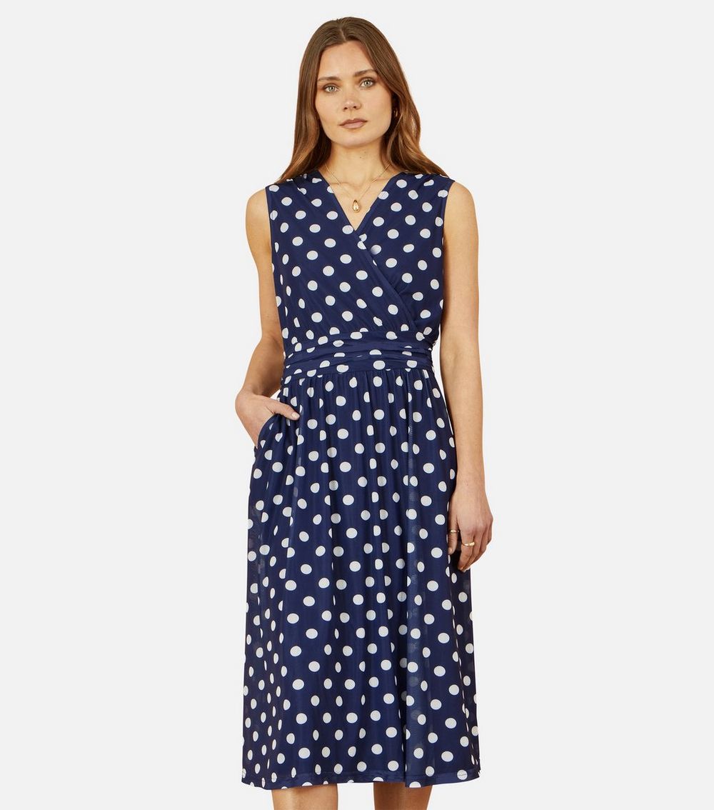 Yumi Navy Polka Dot Belted Midi Dress