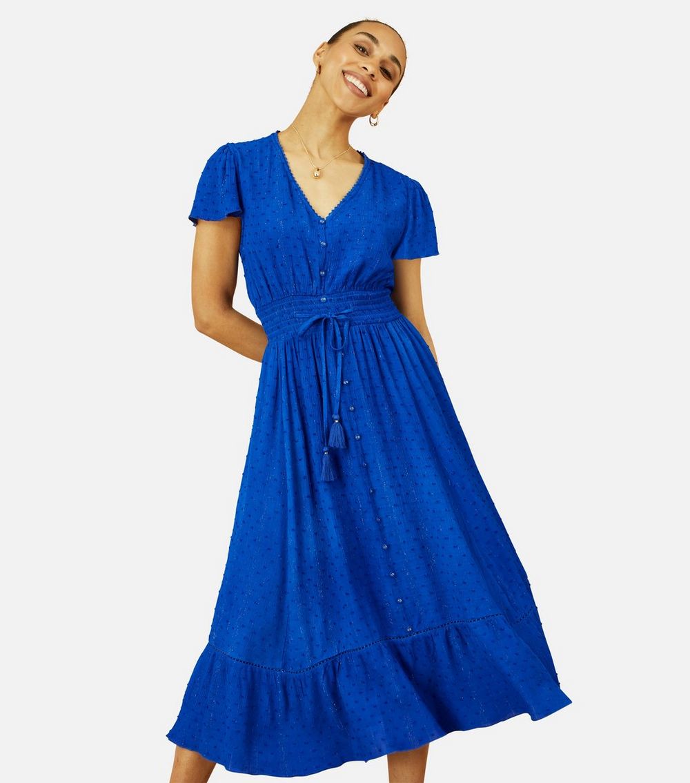 Yumi Blue Textured Metallic Stripe Midi Dress