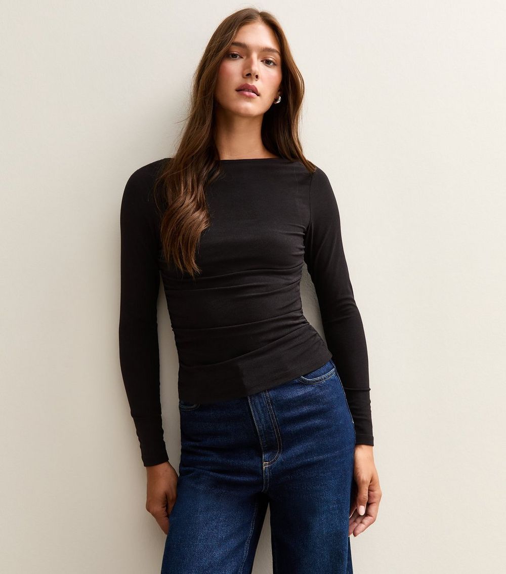 Black Slash Neck Ruched Long Sleeve Top