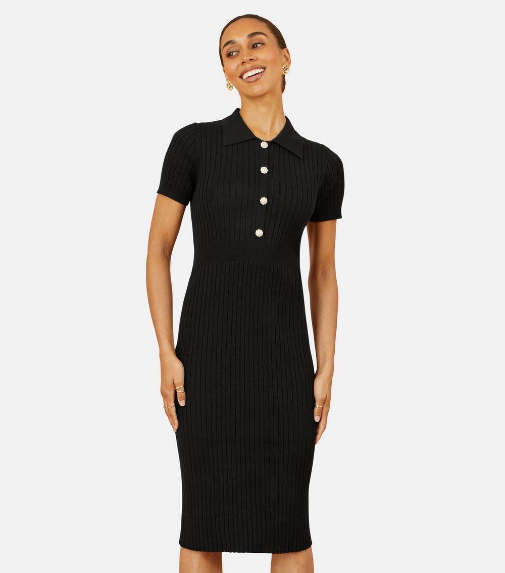 Yumi Black Ribbed Collar Midi Dress