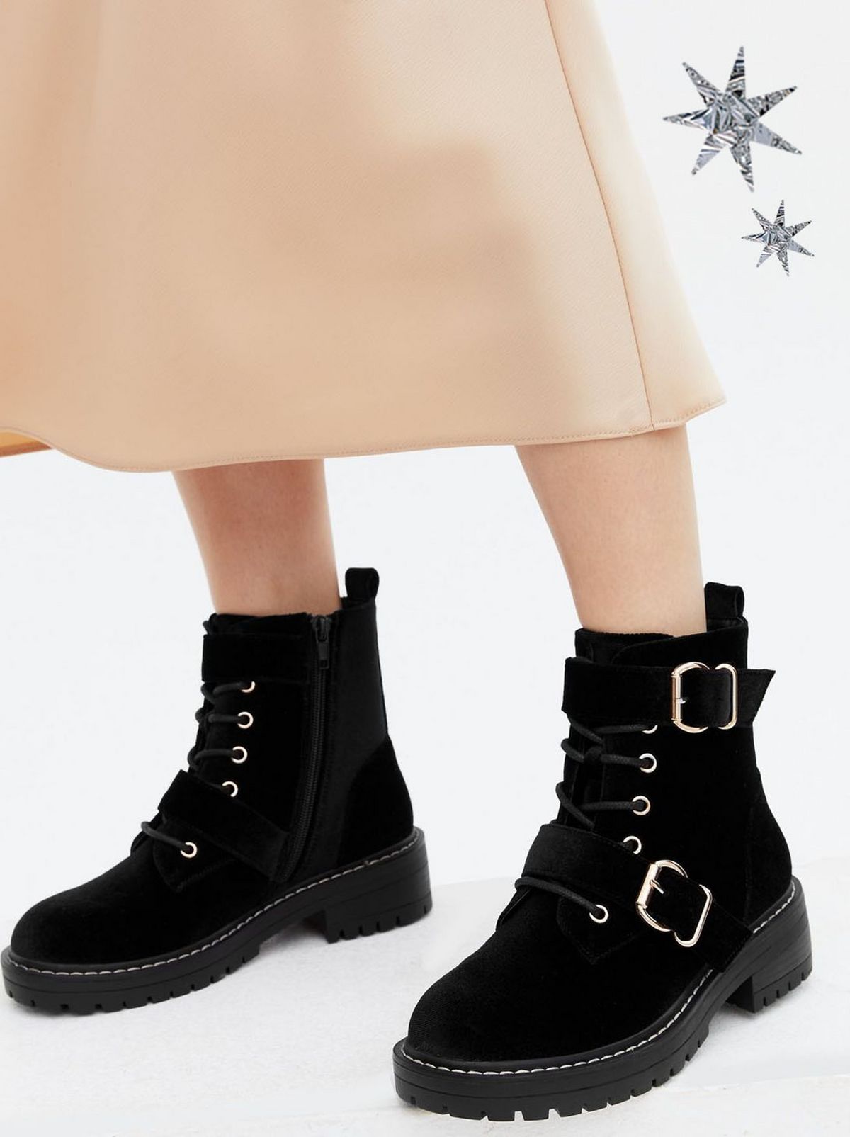 Girls black double buckle chunky ankle boots