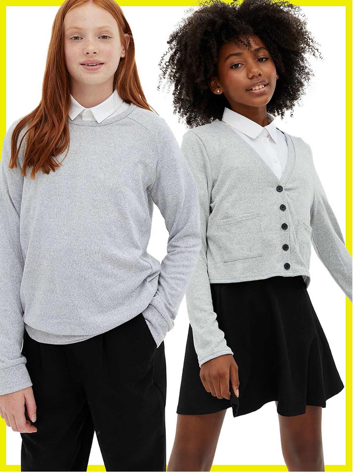 Girl wearing a grey school cardigan, white shirt and black skirt    Girl wearing a grey school jumper, white shirt and black trousers