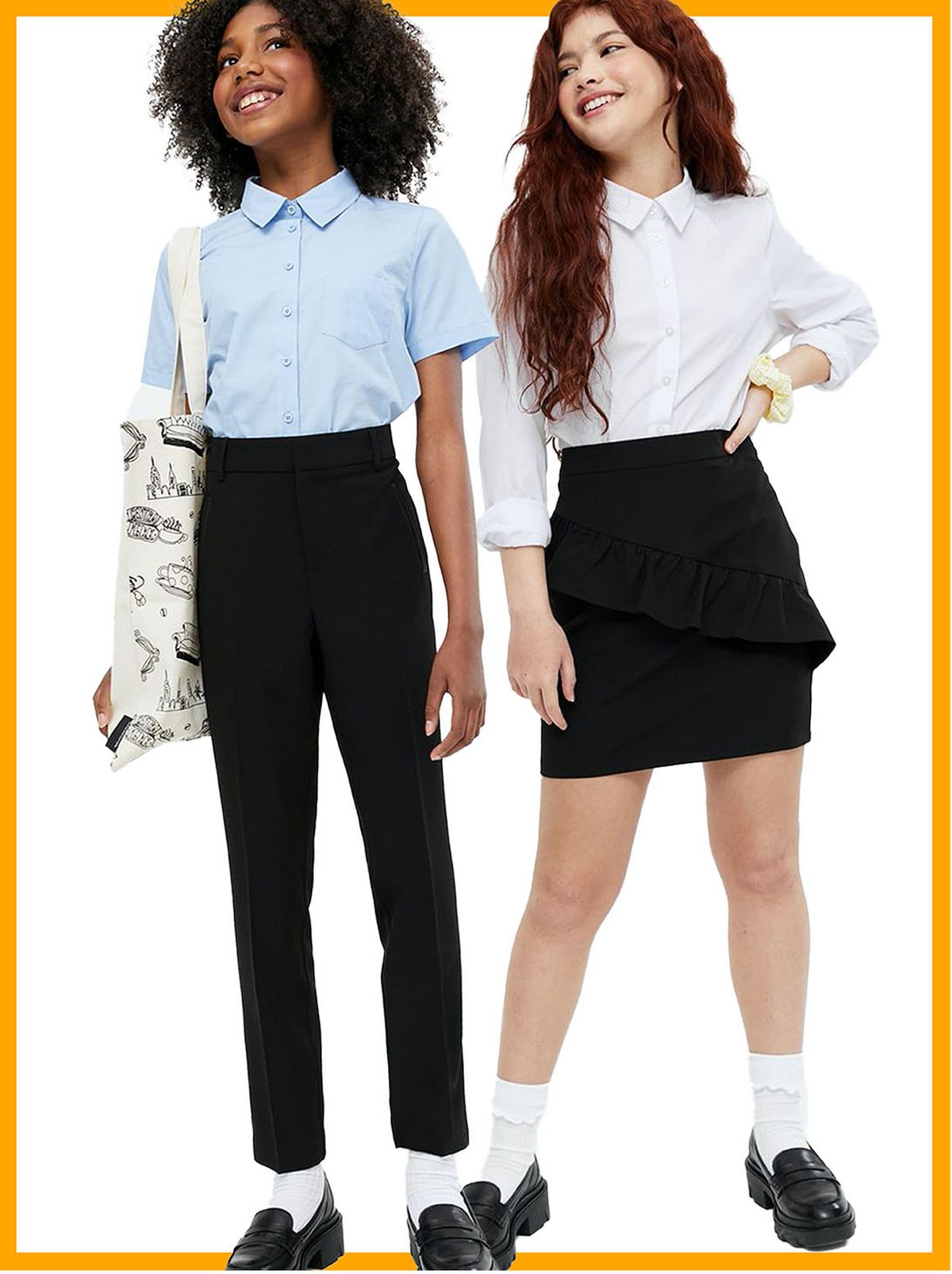 Girl wearing a white shirt, black school skirt and black shoes    Girl wearing a blue shirt, black school trousers and black shoes