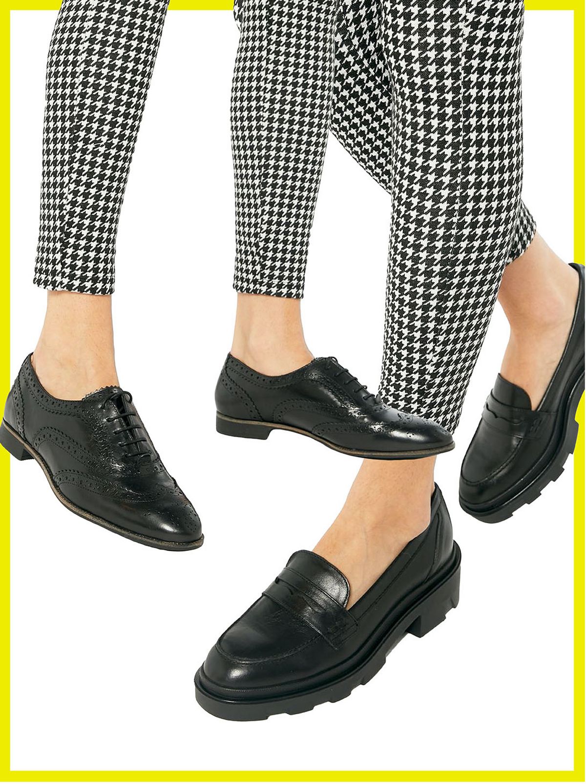 Girl wearing black school loafers with checked trousers    Girl wearing black school brogues with checked trousers
