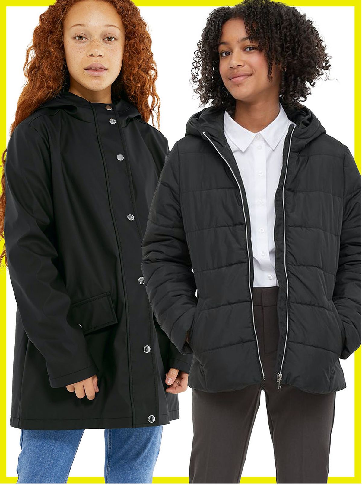 Girl wearing a a black school puffer jacket, white shirt, trousers and shoes    Girl wearing a black school mac