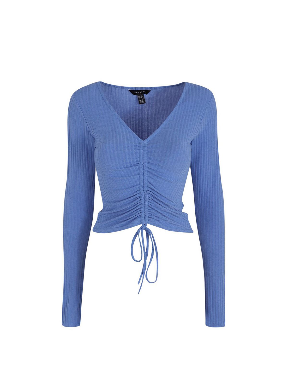 Blue Ribbed Ruched Tie Front Top