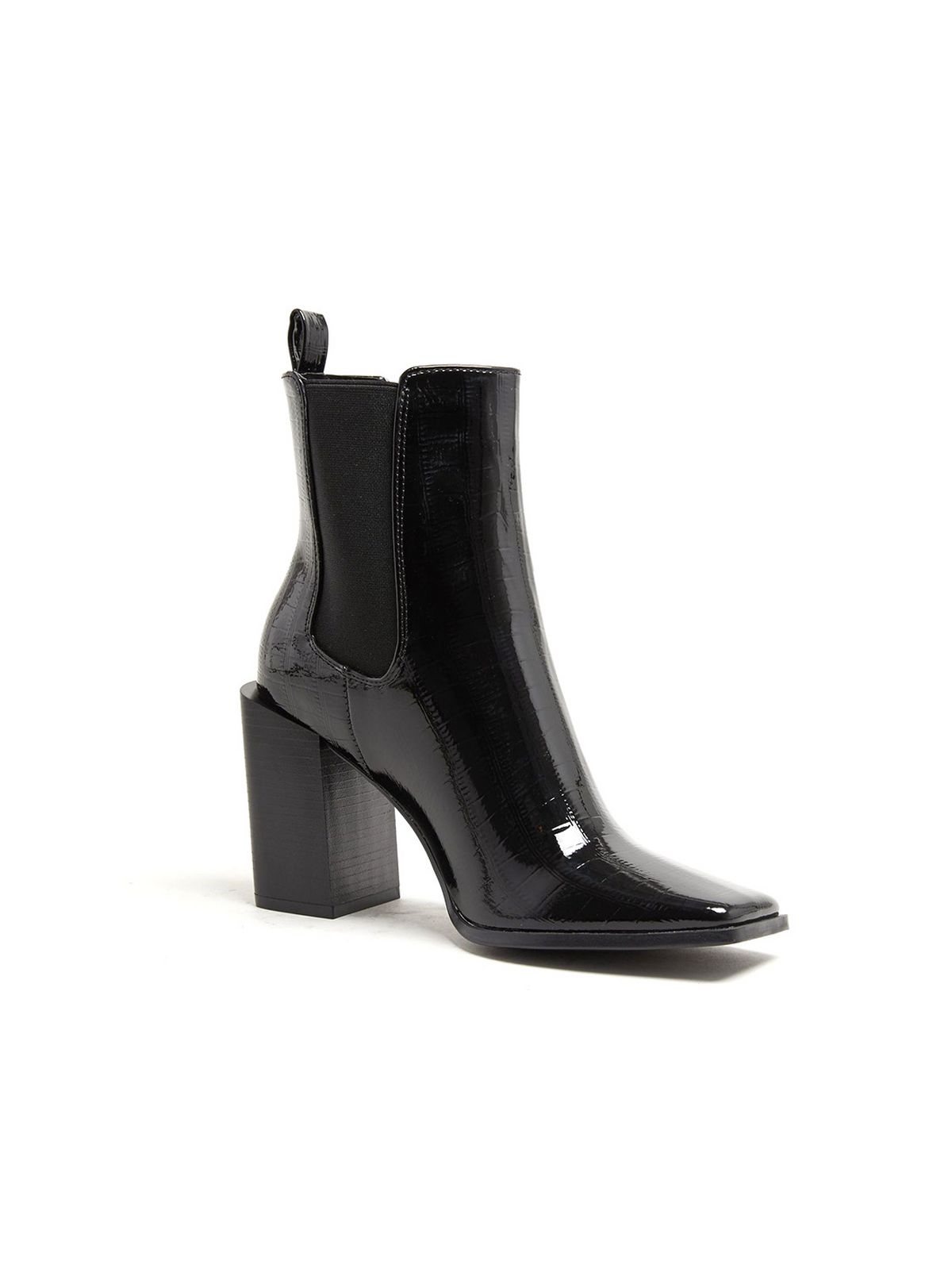 Black Faux Croc Square Toe Block Heel Boots