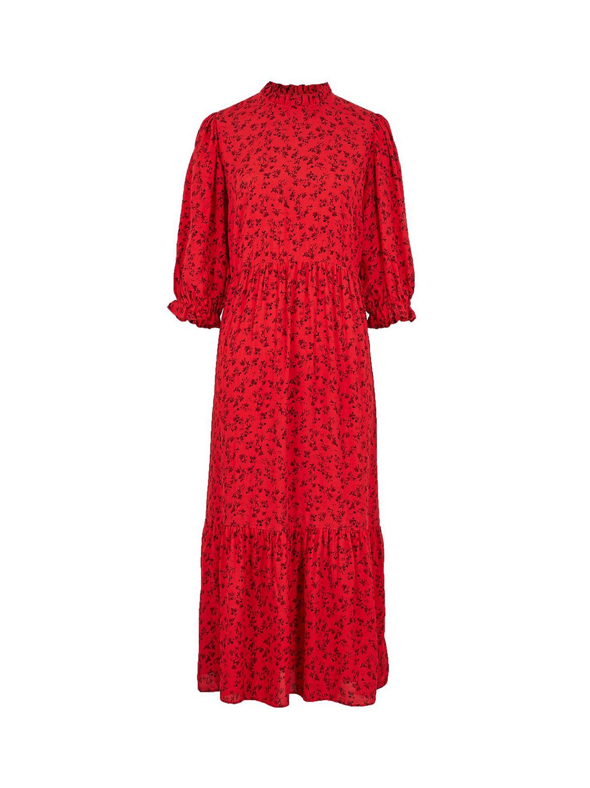 Red Floral Frill Neck Tiered Midi Dress