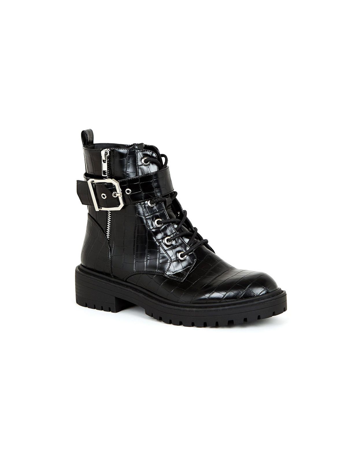 Black Faux Croc Lace Up Chunky Boots
