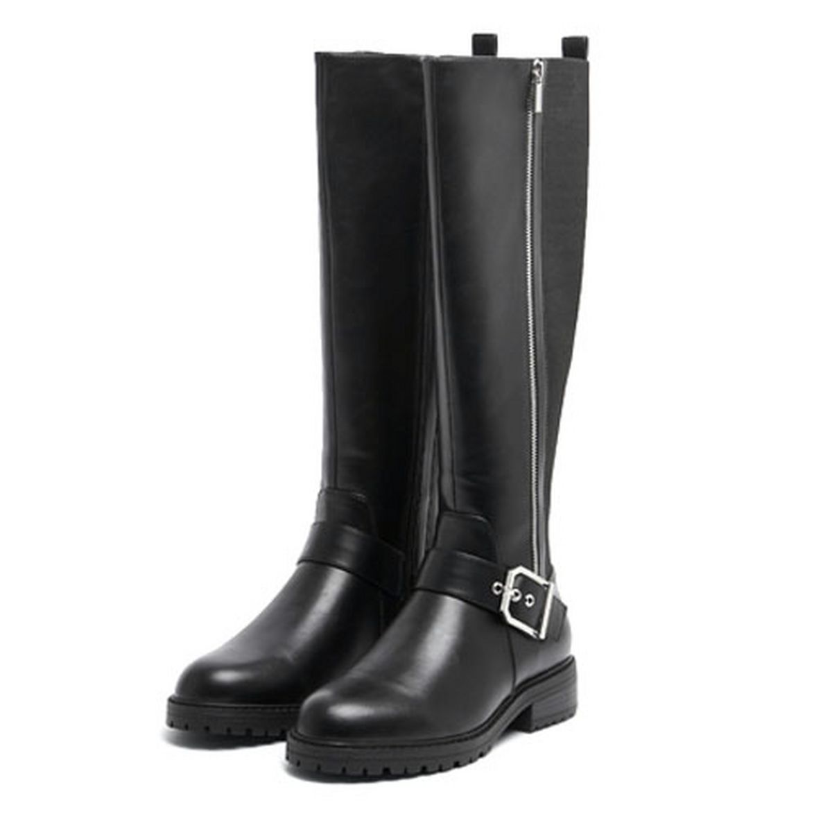 Black Chunky Zip Knee High Boots