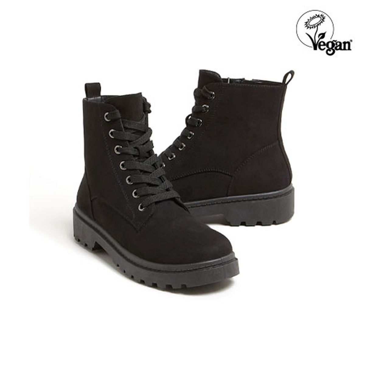 Black Suedette Lace Up Chunky Biker Boots