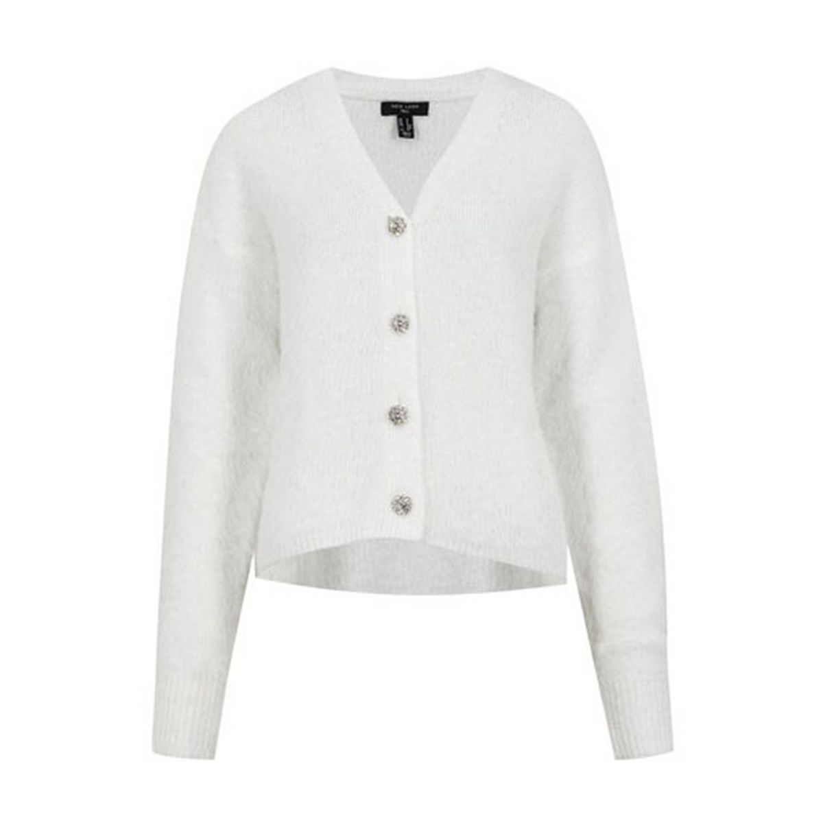 Tall Off White Fluffy Knit Gem Button Boxy Cardigan
