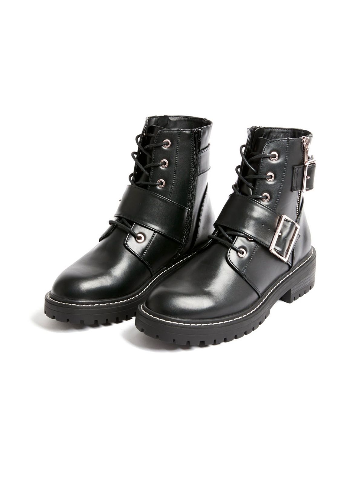 black buckle and zip lace up biker boots
