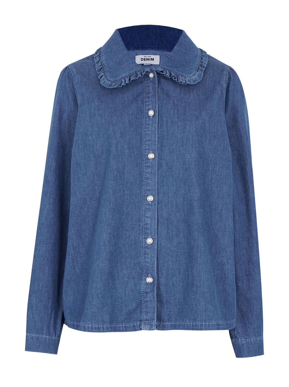 blue denim ruffle collar shirt