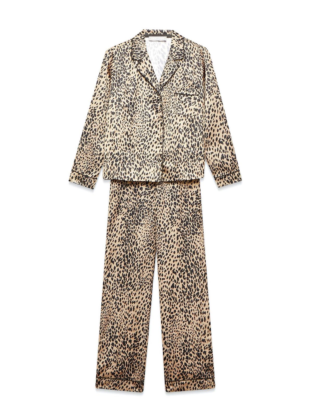 brown leopard satin wide leg pyjama set