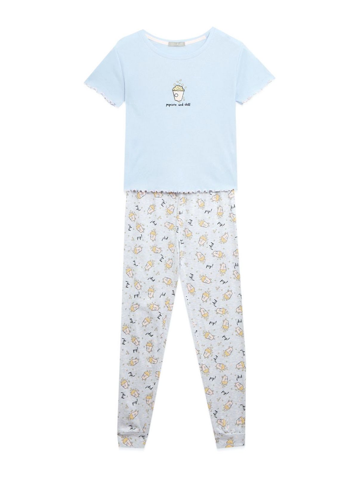 pale blue popcorn and chill slogan jogger pyjama set