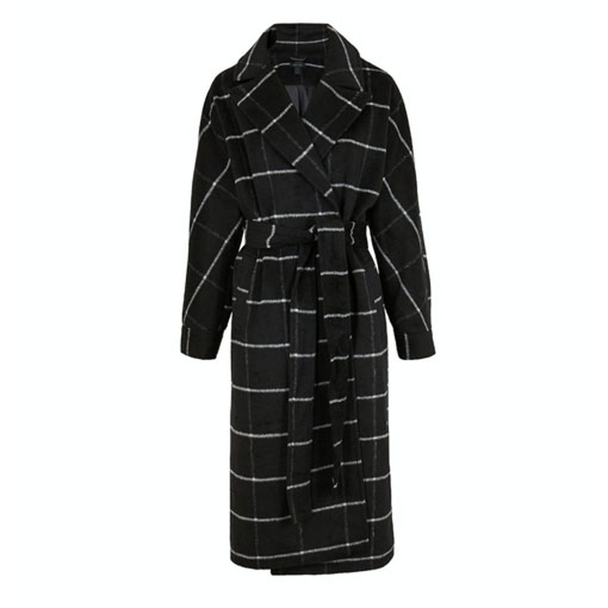 black check belted long coat