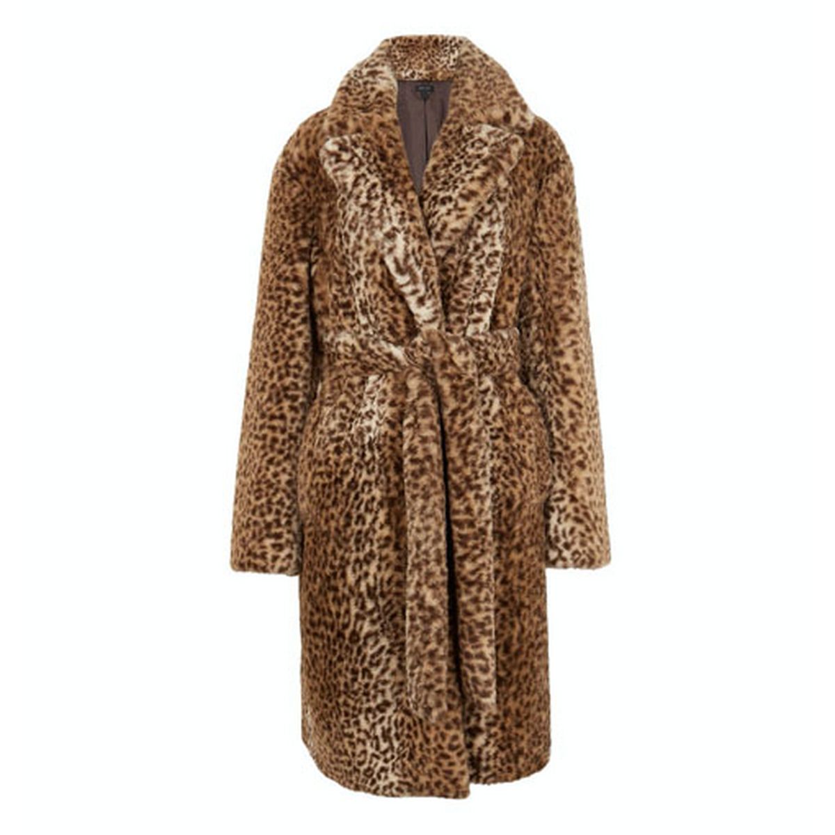 brown leopard print faux fur long coat
