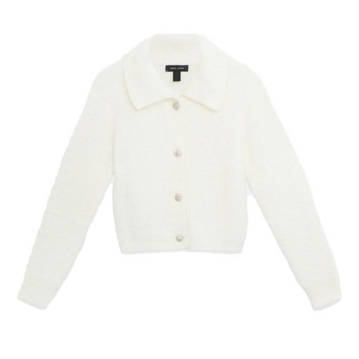 white fluffy knit gem button collared cardigan