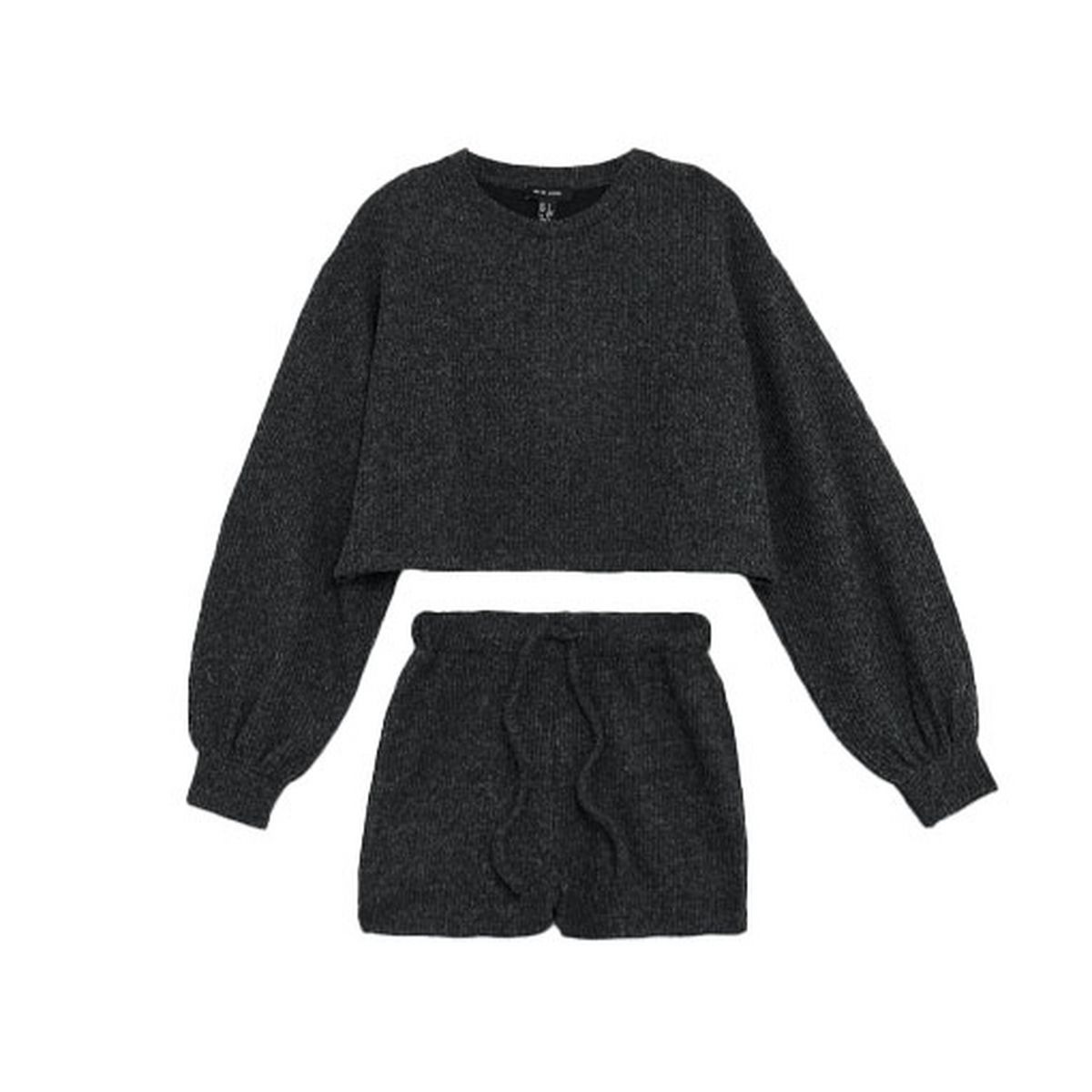 dark grey fine knit ribbed shorts set
