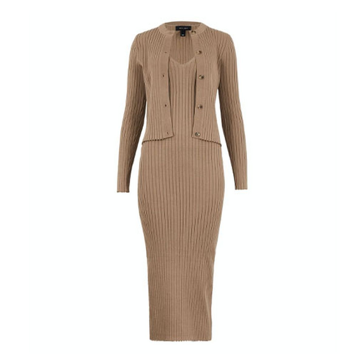 camel ribbed knit midi dress and cardigan set