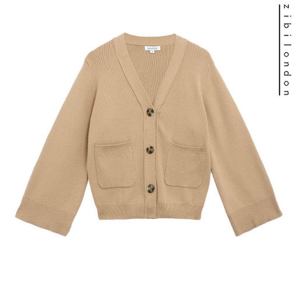 zibi london camel knit button wide sleeve cardigan
