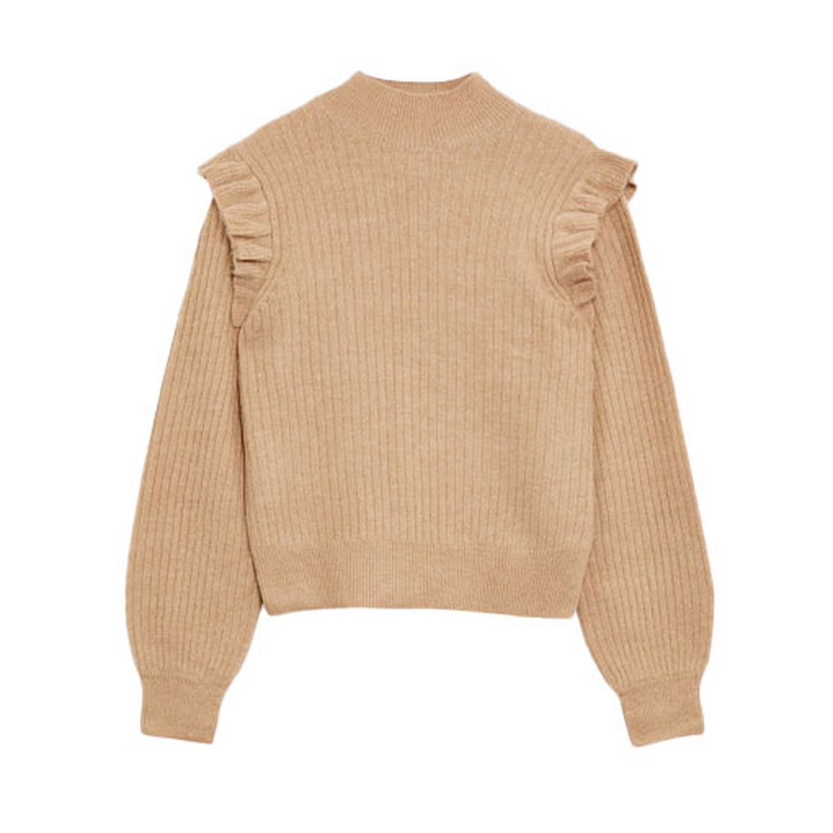 camel frill trim puff sleeve jumper