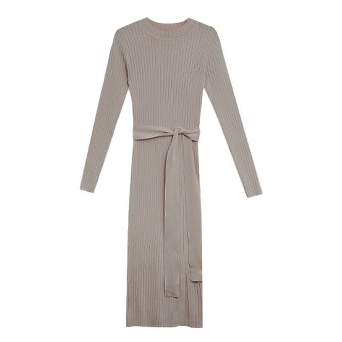 mink ribbed knit tie waist midi dress