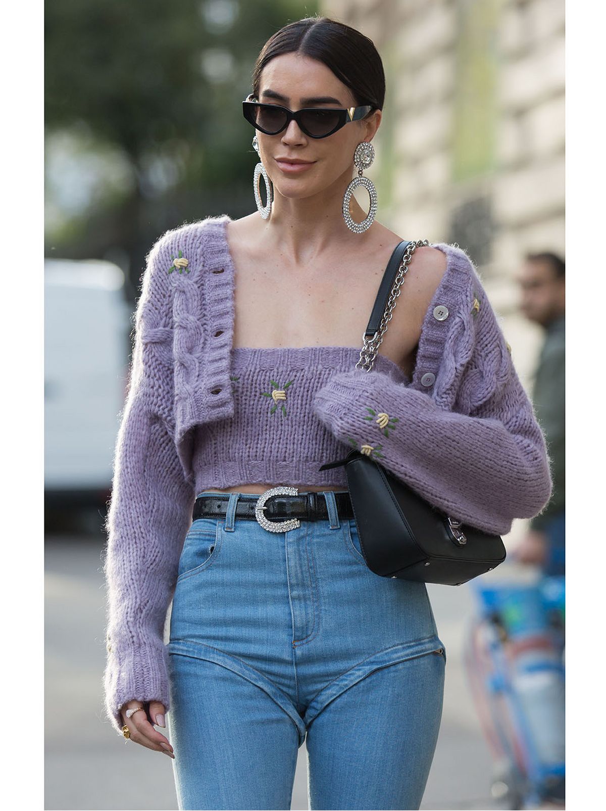 brittany xavier wears matching knitted lilac cardigan and top
