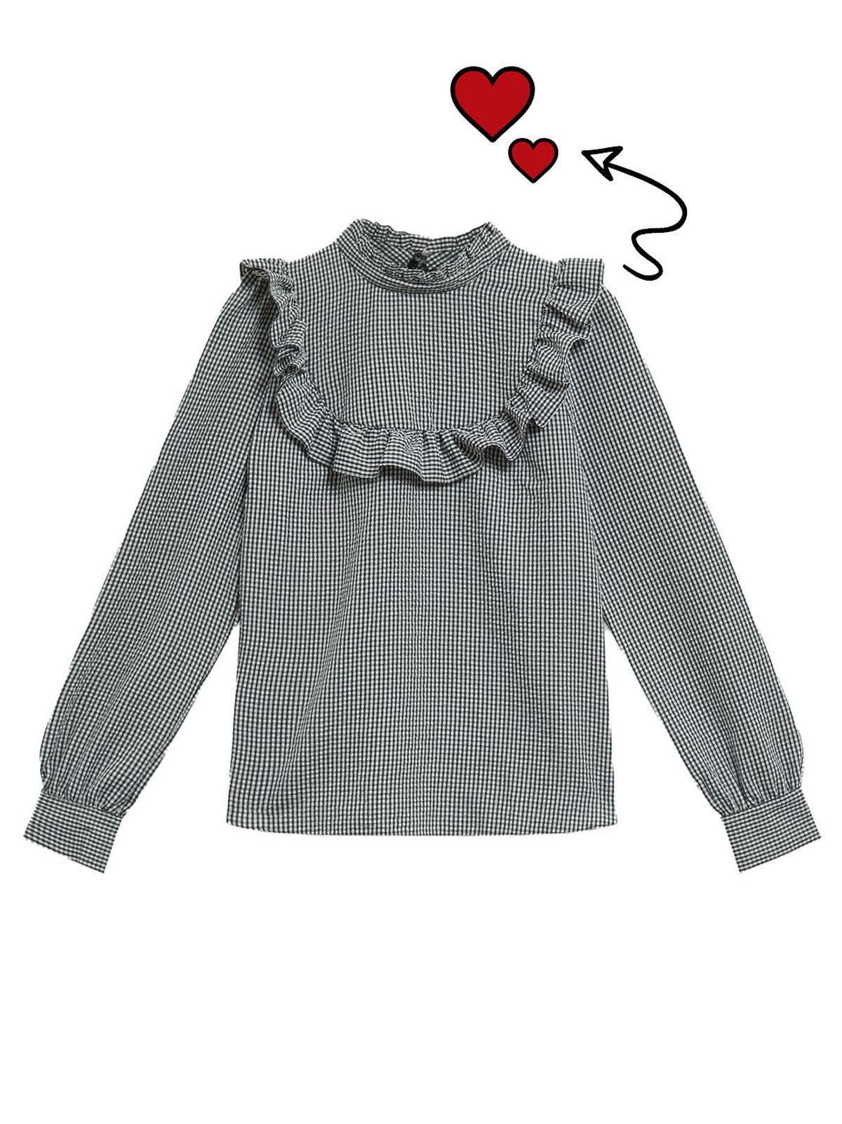 black gingham check frill yoke blouse