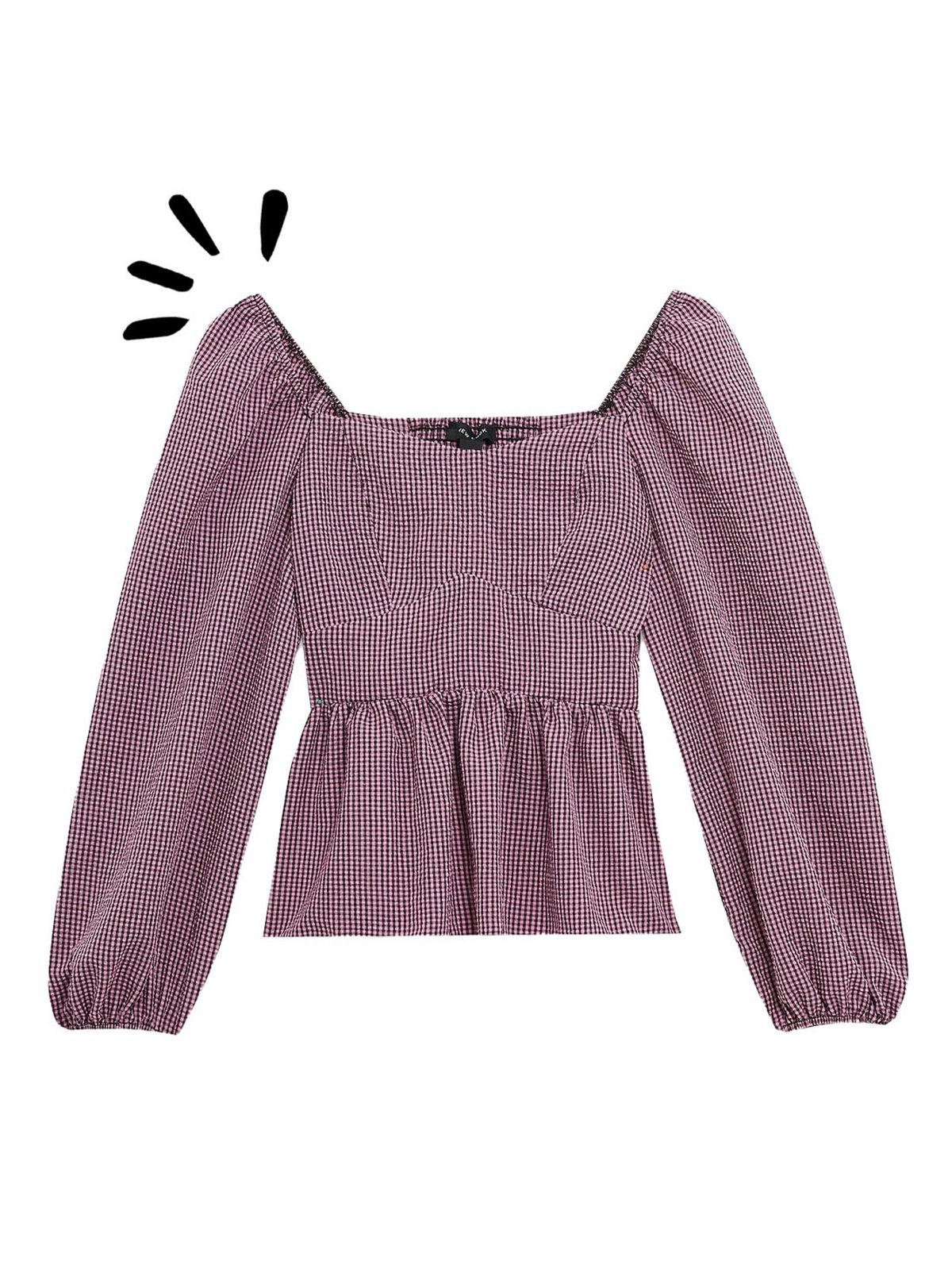 pink check puff sleeve peplum top