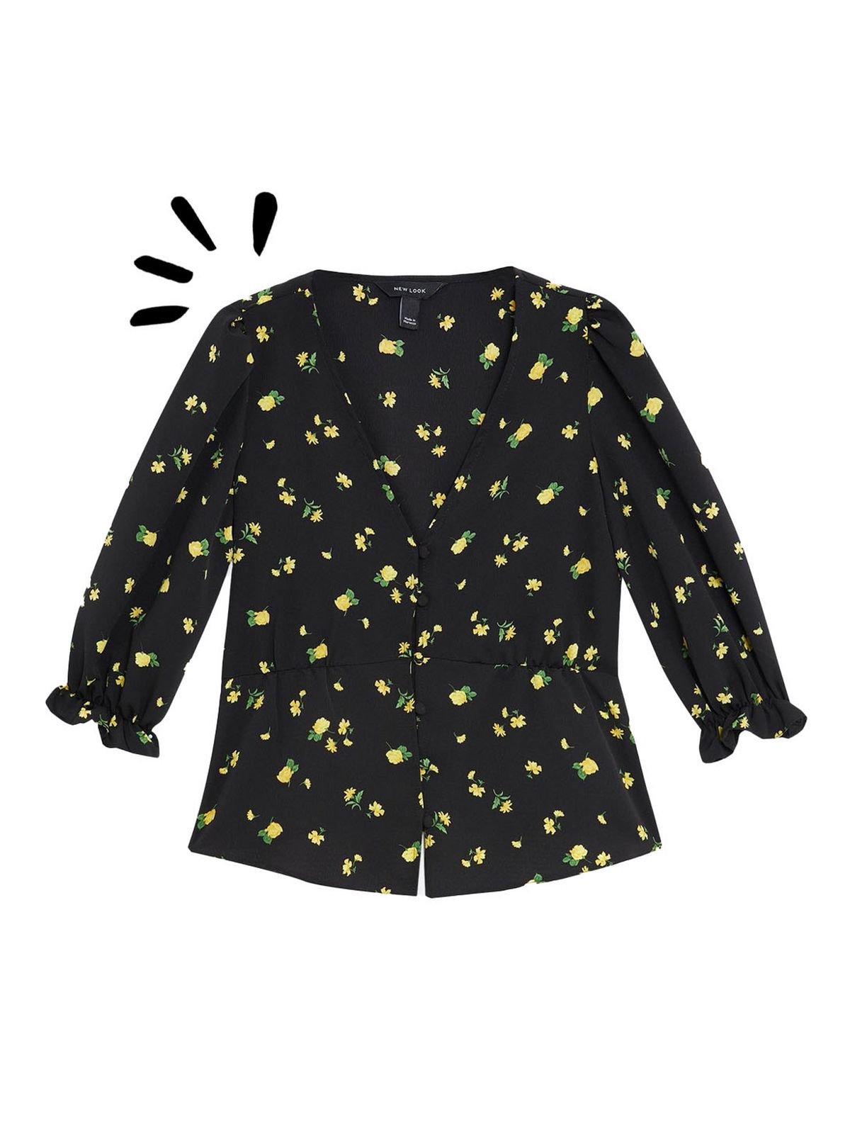 black ditsy floral puff sleeve tea blouse