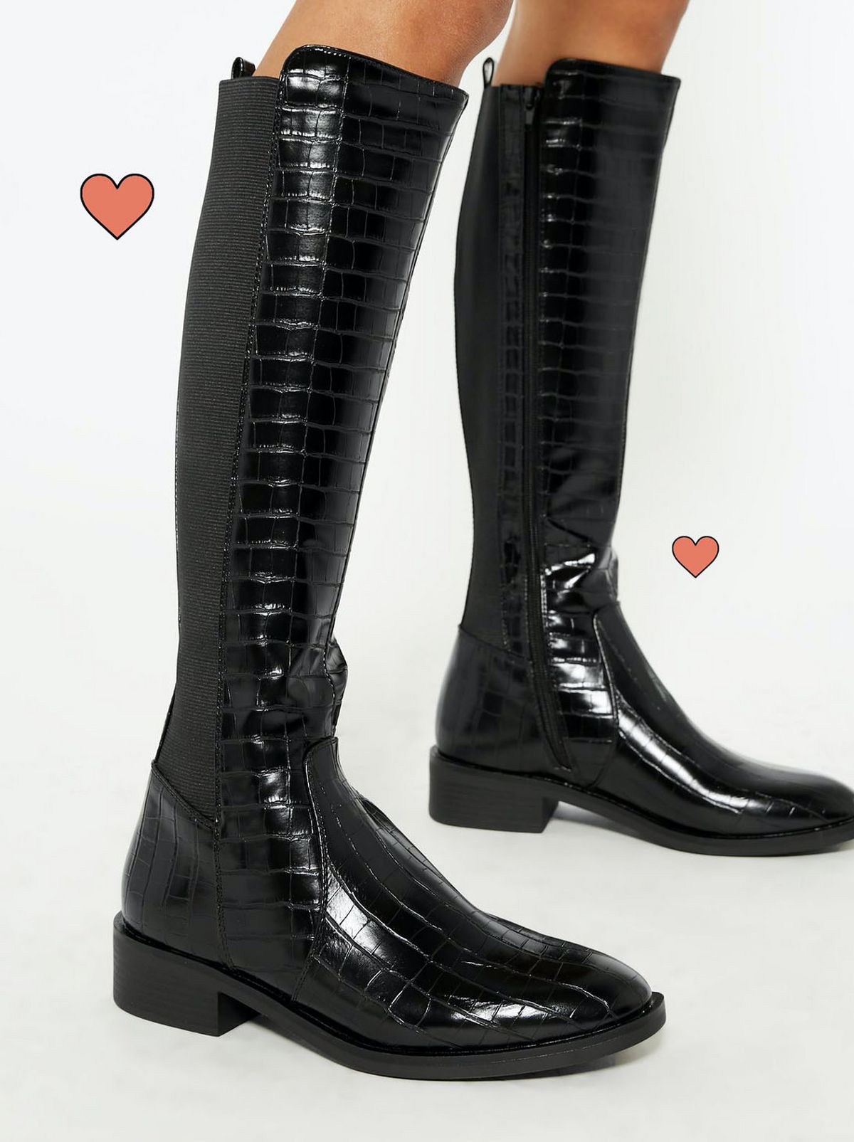 Black Faux Croc Elasticated Knee High Boots