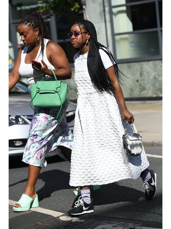 midi dress and white trainers