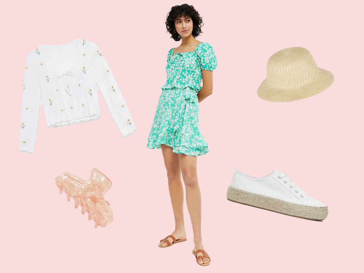 Women's matching blue daisy frill top and blue daisy mini skirt, bulldog hair clip in pink, white sunflower ribbed tie front cardigan, straw bucket hat and white espadrille flatform trainers