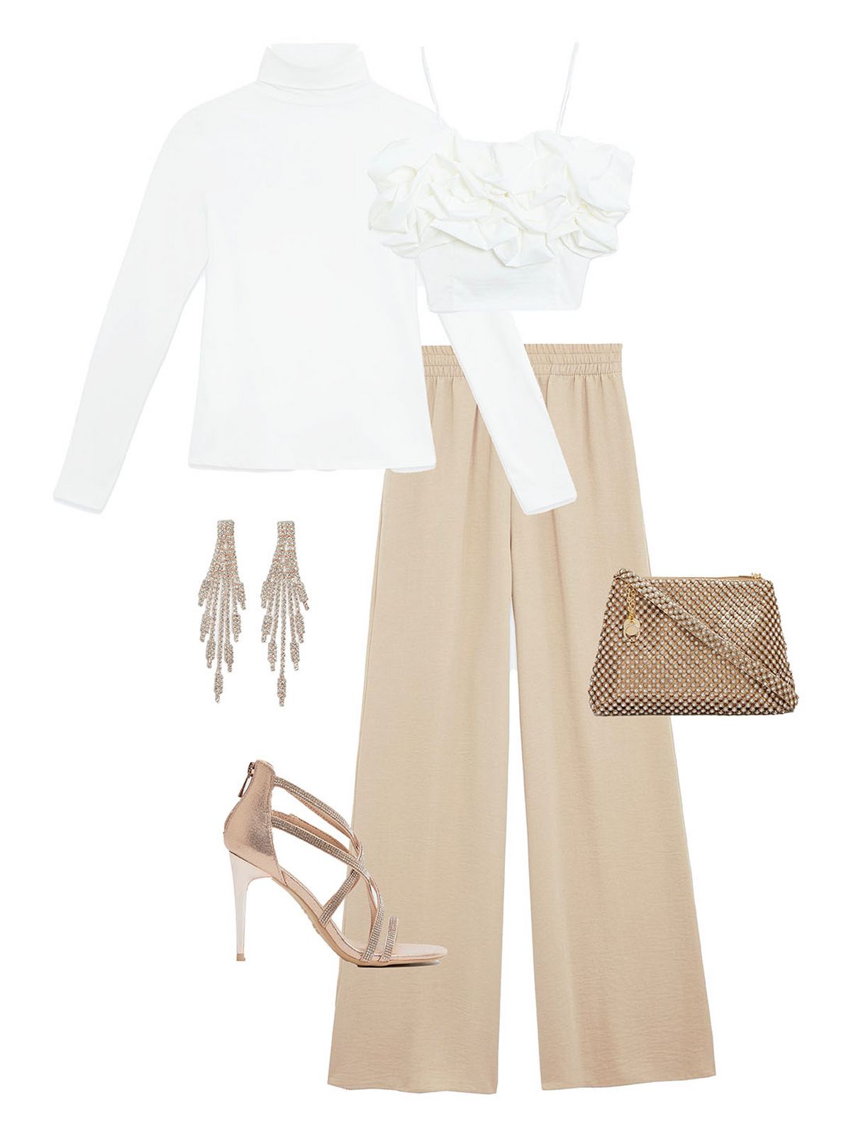 Women's rose gold diamante tassel earrings, Women's gold diamante cross body bag, Women's cream roll neck top, Women's white ruffle top, Women's wide leg stone trousers, Women's rose gold strappy high heels