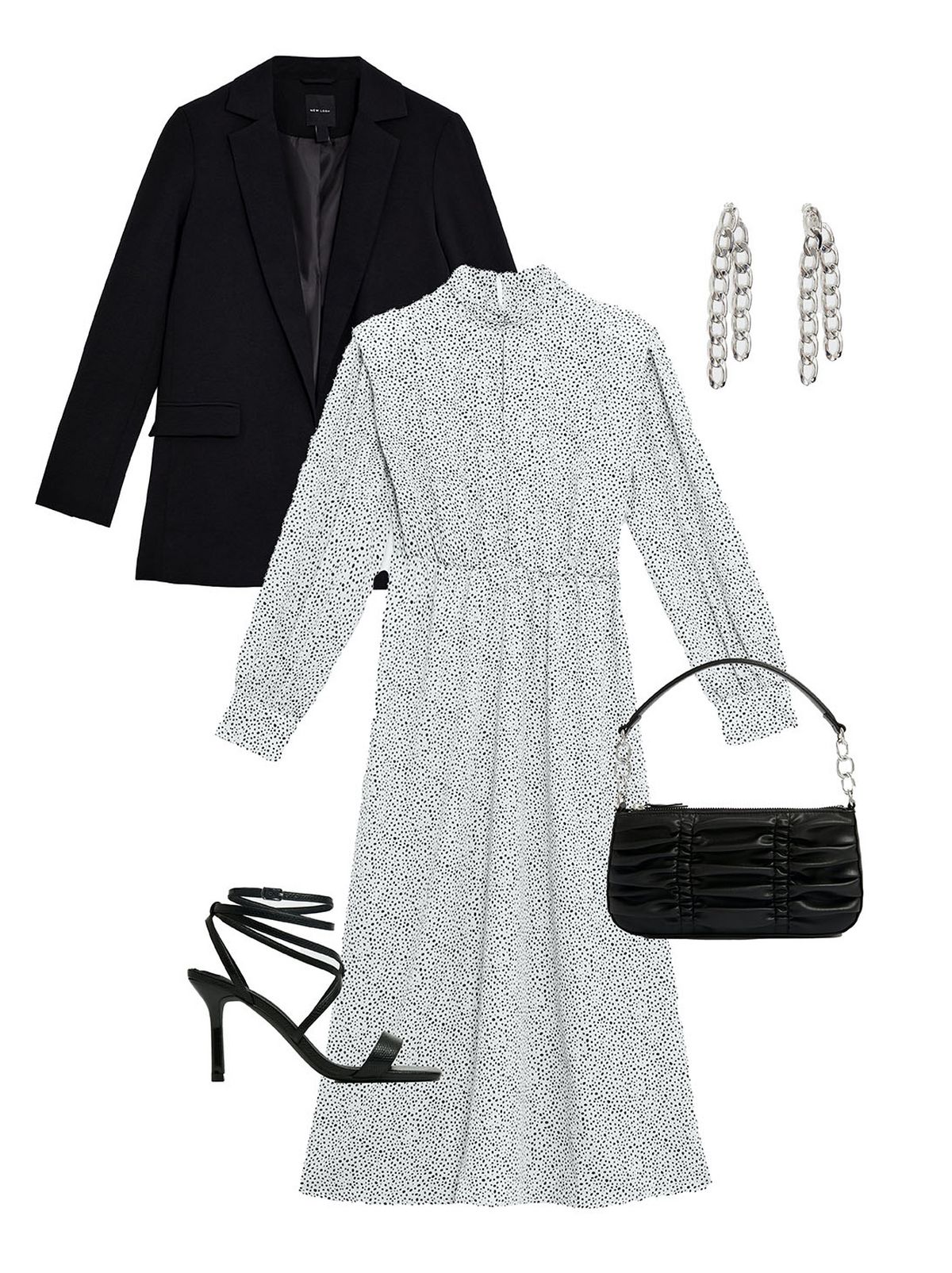 Women's black oversized blazer, Women's silver chain drop earrings, Women's Urban Bliss white spot midi dress, Women's black pleated chain handbag, Women's black ankle strap stiletto's